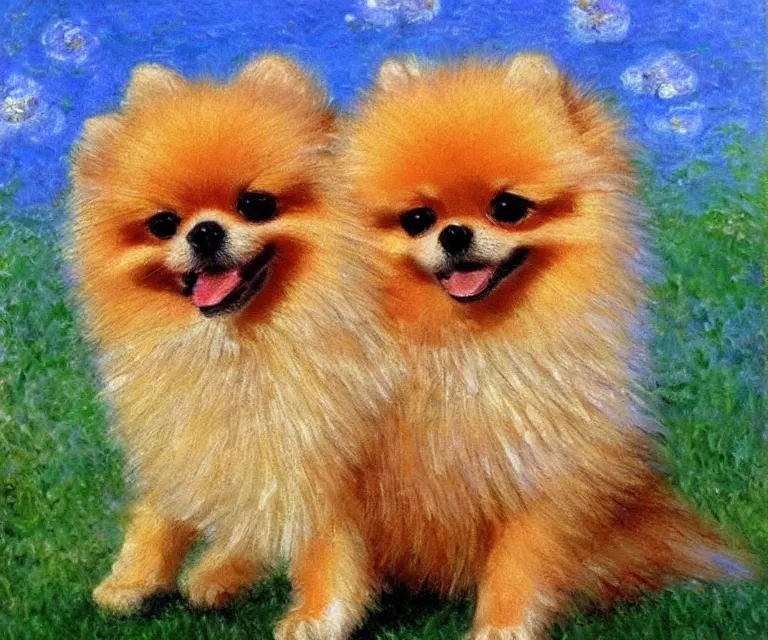 Prompt: pomeranian, cute, monet, oil painting