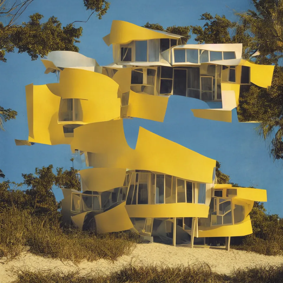 Image similar to architecture ad for a mid-century modern house on the beach, one story mini house, designed by Frank Gehry. Film grain, cinematic, colorized, yellow hue