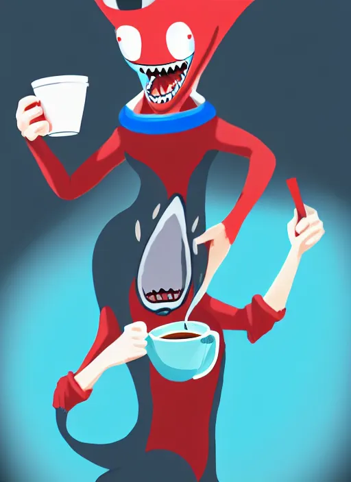 Image similar to female anthropomorphic blue shark with red hair holding a cup of coffee, cinematic lighting, hyper detailed, digital art, furry art style