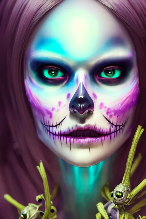 Image similar to ultra detailed, ethereal closeup photo of female android, flowerpunk, sharp focus, no blur, studio photo, floodlight, fantasy art, octane render, unreal engine, dia de los muertos, photorealistic concept art, triadic color scheme, art by artgerm and wlop and giger and greg rutkowski and alphonse mucha, 8 k