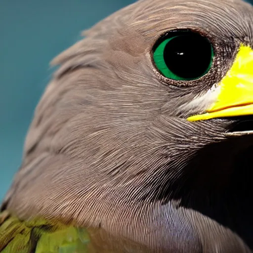 Image similar to bird stares face on into camera with quizzical expression, detailed cartoon