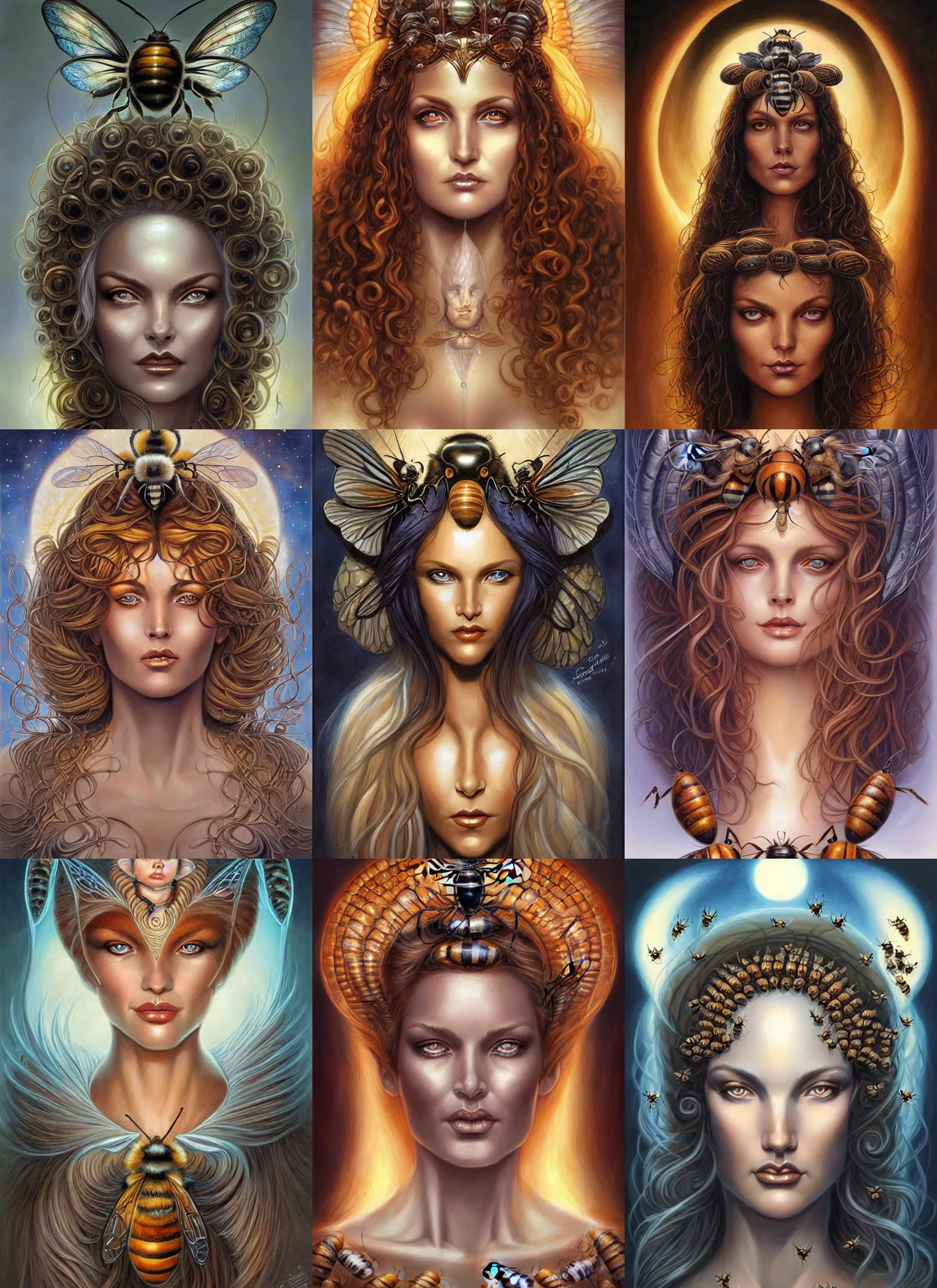 Prompt: stunning goddess of bees portrait, crystal clear eyes. realistic, symmetrical face. art by bowater charlie, mark brooks, julie bell, arian mark, tony sandoval