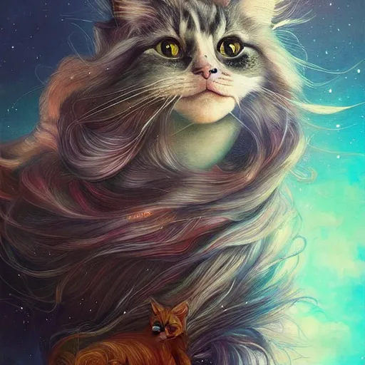 Prompt: a painting of a long haired cat in a scenic environment by anna dittmann, hyperdetailed, beautiful, vibrant colors, trending on artstation