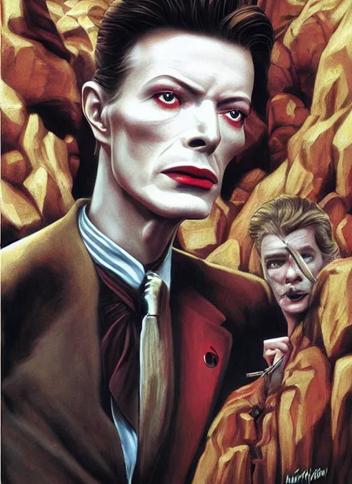 Image similar to twin peaks poster art, portrait of david bowie saw dsicovered the secrets of the black lodge, by michael whelan, rossetti bouguereau, artgerm, retro, nostalgic, old fashioned