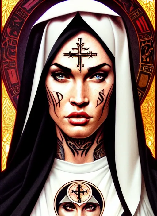 portrait of megan fox as a nun with satanic face | Stable Diffusion