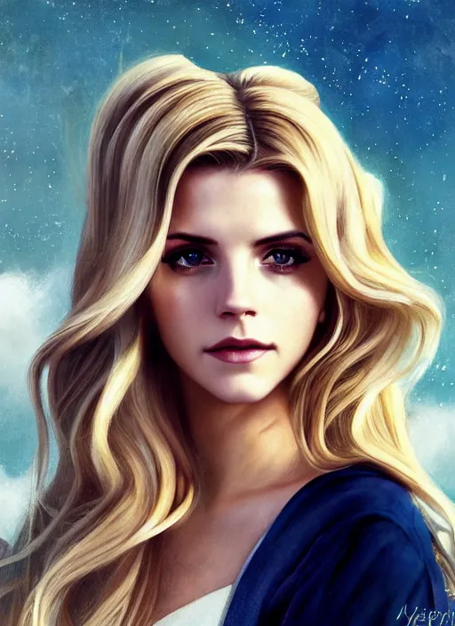 Prompt: portrait of a combination of Ashley Greene, Katheryn Winnick, Victoria Justice and Adriana Dxim, Grace Kelly, Emma Watson and Lily Collins with blonde hair as Sailor Moon, countryside, calm, fantasy character portrait, dynamic pose, above view, sunny day, thunder clouds in the sky, artwork by Jeremy Lipkin and Giuseppe Dangelico Pino and Michael Garmash and Rob Rey and Greg Manchess and Huang Guangjian, very coherent asymmetrical artwork, sharp edges, perfect face, simple form, 100mm