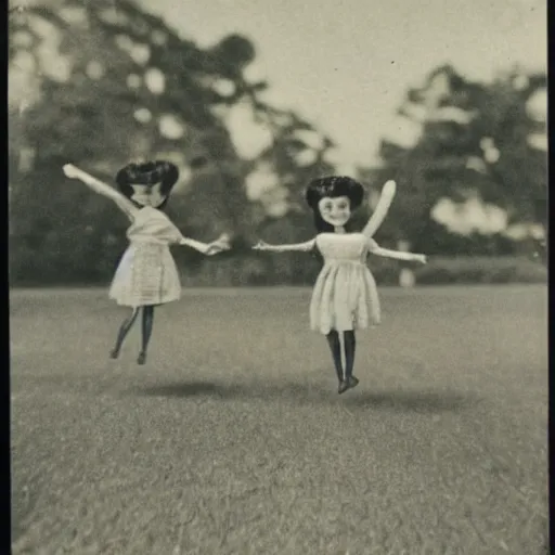 Prompt: 1 9 5 0 s, creepy dolls jumping towards viewer, horror, lost photograph, forgotten, polaroid,