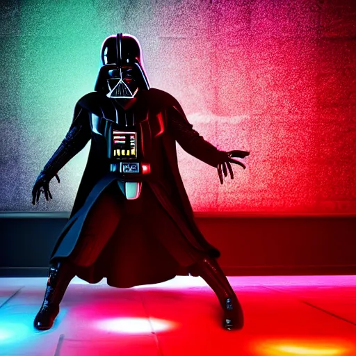 Prompt: Darth vader dancing at a rave party, neon lights everywhere, ultra realistic, dark reflective colors, raytracing, ultra hd