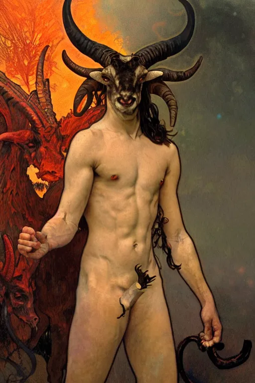 Image similar to portrait of a beautiful young fit male demon with ram horns, scaly torso and goat legs, hellish scene, by greg rutkowski and alphonse mucha, d & d character, gradient red to yellow, in front of an hellish landscape background, highly detailed portrait, digital painting, artstation, concept art, smooth, sharp focus ilustration, artstation hq