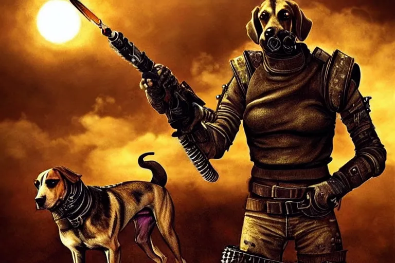 Image similar to a hound dog fursona ( from the furry fandom ), heavily armed and armored facing down armageddon in a dark and gritty version from the makers of mad max : fury road. witness me.