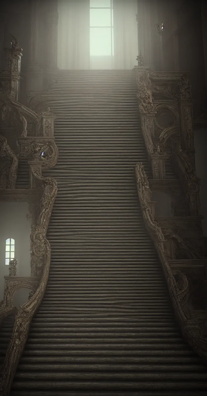 Image similar to stairs from hell to heaven, 8 k, octane render, unreal engine, intricate detail, volumetric lighting, photo real