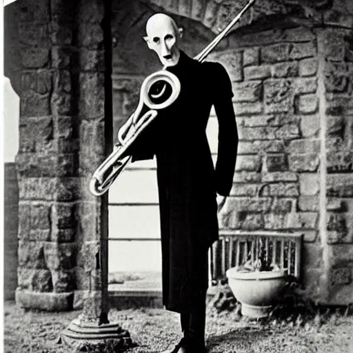 Prompt: vintage photograph of count orlok outside his castle, playing trombone, castle in the background, 4 k