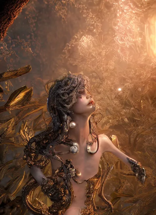 Image similar to beauteous stunning practical sumptuous androgynous biomechanical with incredible iridescent pearlescent voluminous hair, crystalline masterpiece incrustations, hyperdetailed face, elegant pose, movie still, intricate accuracy, octane render, cinematic forest lighting, cgsociety, unreal engine, crepuscular rays, god rays