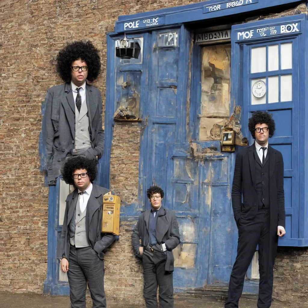 Image similar to Richard Ayoade as the Doctor, in front of the TARDIS