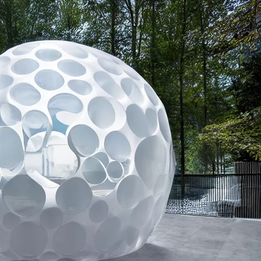 Prompt: many white sphere spaces are combined like soap bubbles to form a parametric building, designed by antti lovag on the calm water surface