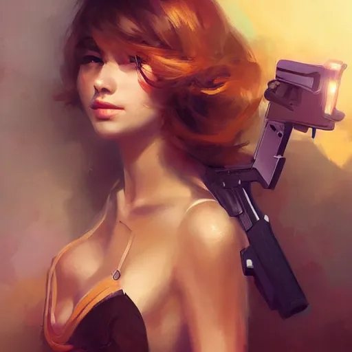 Image similar to beautiful woman with a gun, artstation, wlop, Volegov, highly detailed