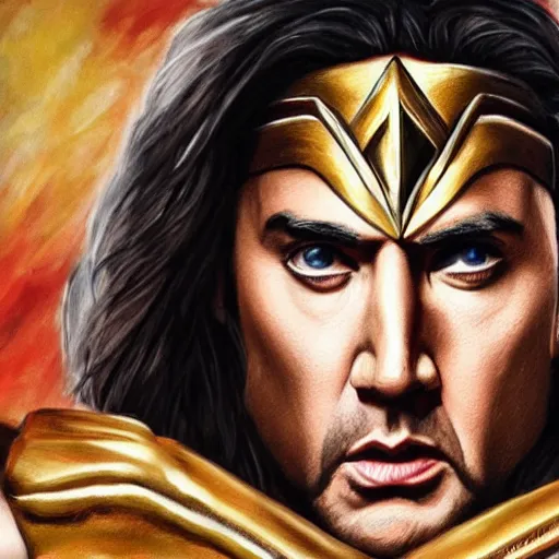 Image similar to nic cage as wonder woman, buff, painted portrait, highly detailed,