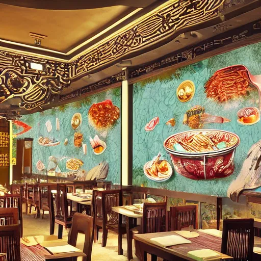 Image similar to a beautiful hyperdetailed interior 4 k hd wallpaper illustration of roasted string hotpot restaurant restaurant yan'an, wall painting, from china, with merchant logo, fine delicate structure, chinese style, victo ngai