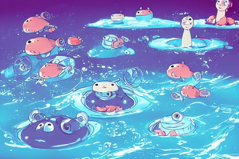 Image similar to “robot baby seals swimming through the Arctic Ocean, surrounded by fish and jellyfish, anime style”