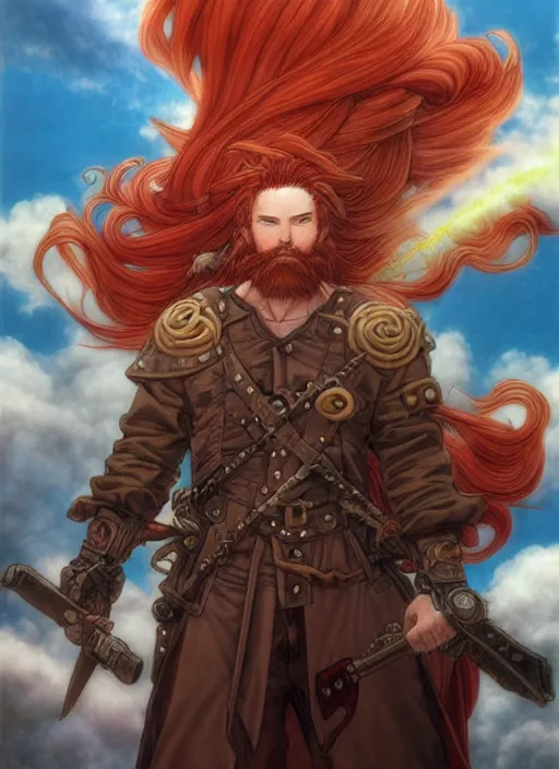 Image similar to prompt : ragnarok online portrait soft light painted by james jean and katsuhiro otomo and erik jones, inspired by akira anime, epic fantasy, a long red haired, red bearded male sky - pirate standing in front of an airship, intricate oil painting, high detail illustration, sharp high detail, manga and anime 1 9 9 9