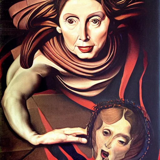 Prompt: Nancy pelosi painted as Medusa by Caravaggio