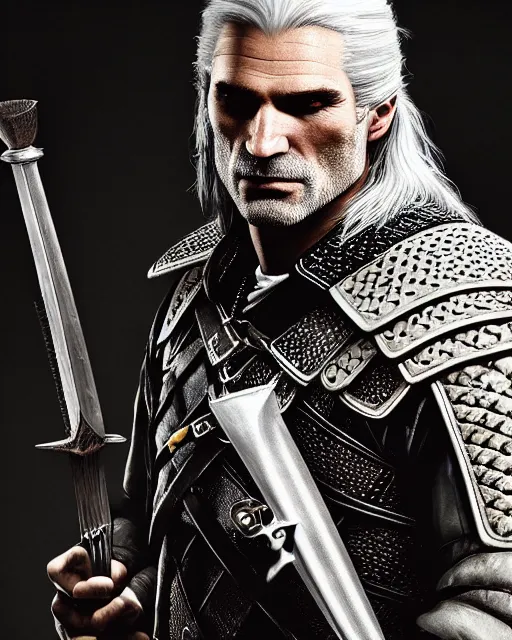 Image similar to portrait of geralt of rivia, 5 5 mm lens, professional photograph, times magazine, serious, stern look