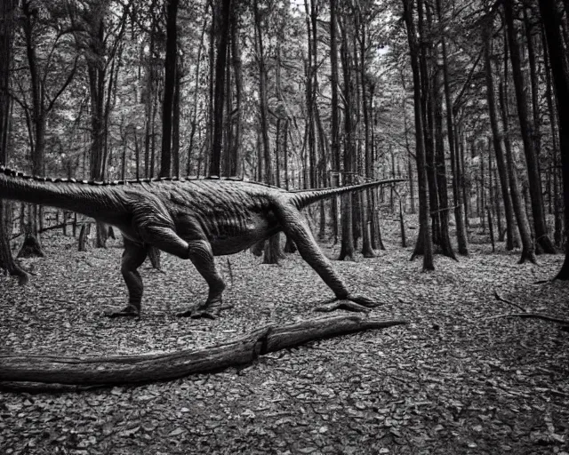 Prompt: hyper realistic vintage photograph of a real dinosaur in a forest, ultra detailed, grain, old, monochrome, sepia toned, realistic lighting, wide angle