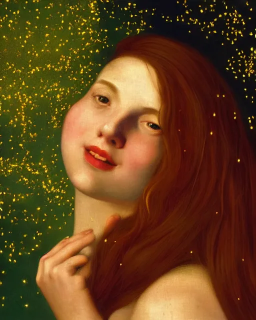 Image similar to a happy, modern looking young woman, seen from behind, among the lights of golden fireflies and nature, long loose red hair, intricate details, green eyes, small nose with freckles, oval smiling face, golden ratio, high contrast, hyper realistic digital art by artemisia lomi gentileschi and caravaggio and artgerm.