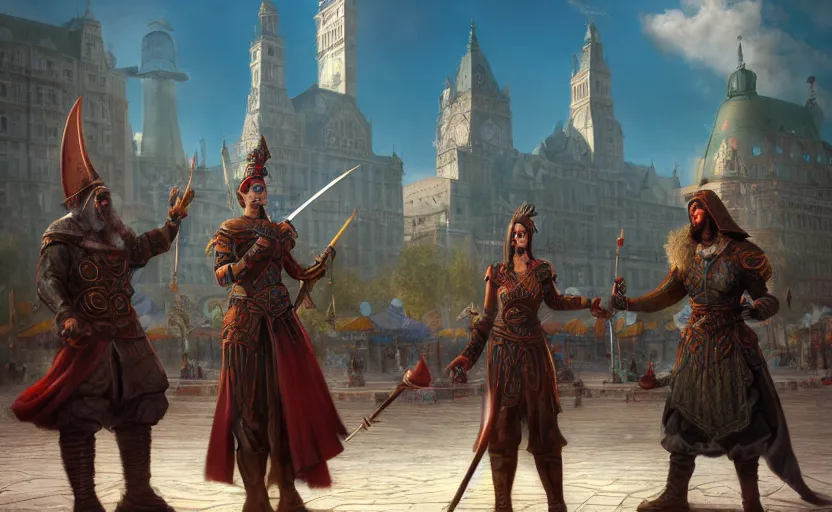 Prompt: mage, assassin and warrior stand in the middle of the square in front of the fountain, daylight, carnival on the background, ray tracing, octane render, digital art, hyperrealism, no blur, 4 k resolution, ultra detailed, style of marc simonetti, tyler edlin, deviantart, ivan shishkin