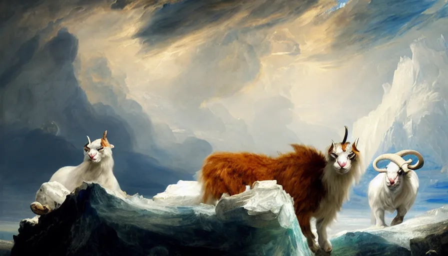 Image similar to highly detailed painting of white giant chimera goat cats with large feathered wings on a blue and white iceberg by william turner, by greg rutkowski, by william constable, thick brush strokes and visible paint layers, 4 k resolution