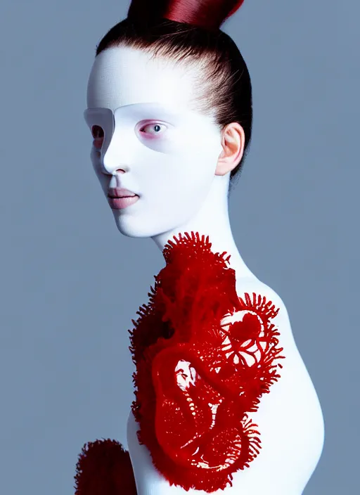 Prompt: portrait of a woman wearing a red embroidered translucent silicone mask and frizzy hair buns, wearing a white bodysuit by alexander mcqueen, white background, soft diffused light, biotechnology, futuristic aesthetic, translucent, ethereal, intricate details, highly detailed, masterpiece,