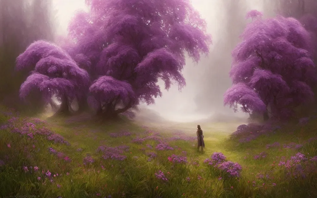 Image similar to an expanse of purple flowers, fir trees in the distance, fog, gloomy atmosphere, fantasy, intricate, elegant, highly detailed, digital painting, artstation, concept art, smooth, sharp focus, illustration, art by artgerm and greg rutkowski and alphonse mucha, wlop