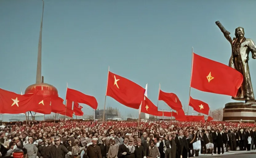 Prompt: 60s movie still of a soviet's ceremony with CCCP flags and a large bronze statue of Karl Marx stanilist style palace backround, by Irving Penn , cinestill 800t 35mm eastmancolor, heavy grainy picture, very detailed, high quality, 4k, HD criterion, precise texture