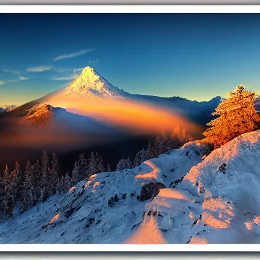 Prompt: tall snowy mountain range, realistic, detailed, fog, award winning photo, sunset, 8 k