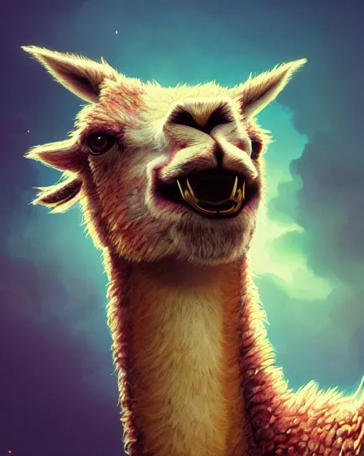 Image similar to highly detailed vfx portrait of a ferocious llama, stephen bliss, unreal engine, greg rutkowski, loish, rhads, beeple, makoto shinkai and lois van baarle, ilya kuvshinov, rossdraws, tom bagshaw, alphonse mucha, global illumination, detailed and intricate environment