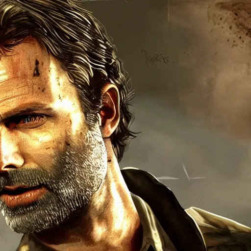 Prompt: rick grimes in resident evil, artstation hall of fame gallery, editors choice, #1 digital painting of all time, most beautiful image ever created, emotionally evocative, greatest art ever made, lifetime achievement magnum opus masterpiece, the most amazing breathtaking image with the deepest message ever painted, a thing of beauty beyond imagination or words