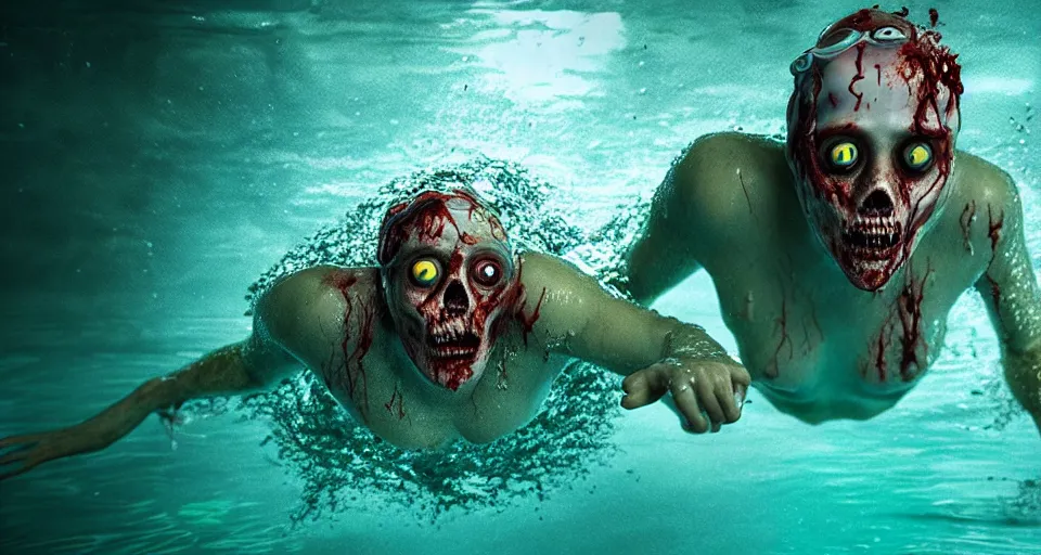 Image similar to highly detailed full body portrait of a zombie swimming underwater in a zombie - apocalypse, in a swimming pool, by stephen bliss, octane render