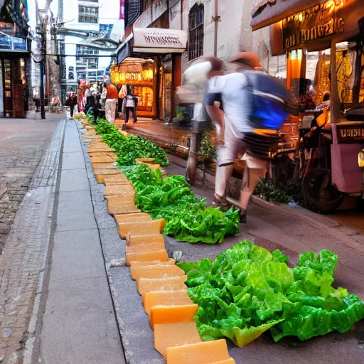 Prompt: city street, street made of cheese, sidewalk made of lettuce, buildings made of sausage, intricate, beautiful lighting