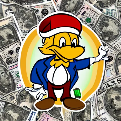 Image similar to sticker of uncle scrooge surrounded with dollar bills, stylized