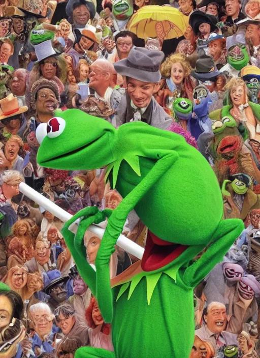 Image similar to portrait of a Deliriously happy and screaming Kermit the frog in Society (1989), highly detailed, centered, solid color background, digital painting, artstation, concept art, smooth, sharp focus, illustration, artgerm, donato giancola, Joseph Christian Leyendecker, Les Edwards, Ed Repka, WLOP, Artgerm