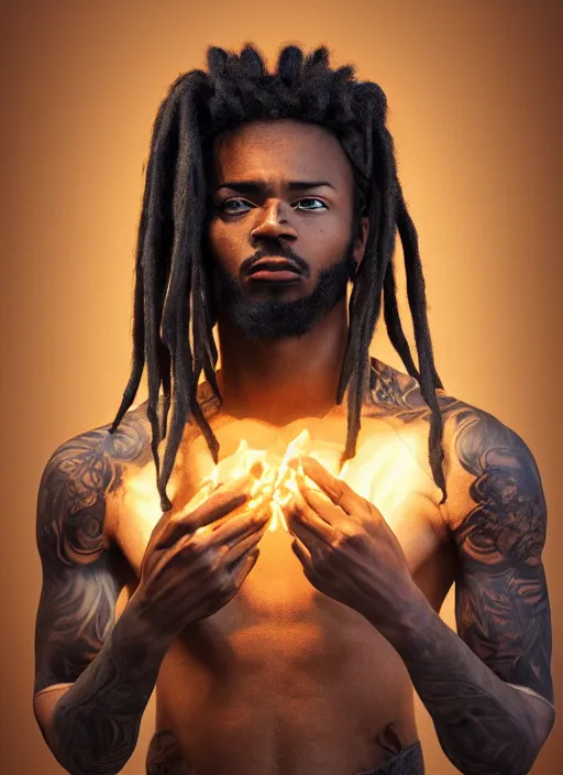 Image similar to Realistic Black man with burning tattoos, superpowers, superhero, tied Dreadlock hair, artistic pose, light atmosphere, cinematic shot, intricate, ornate, photorealistic, ultra detailed, realistic, 100mm, photography, octane, high definition, depth of field, bokeh, 8k, artstation