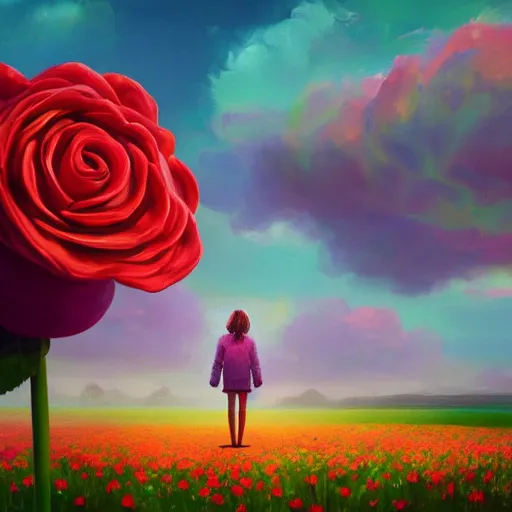 Image similar to large rose head, girl standing in a flower field, surreal photography, sunrise dramatic light, impressionist painting, colorful clouds, digital painting, artstation, simon stalenhag