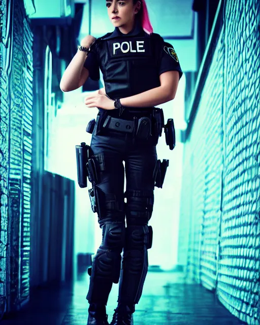 Image similar to young female police officer, neon, cyberpunk, futuristic clothing