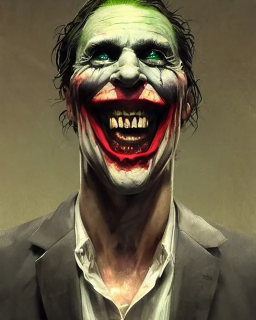 Image similar to a highly detailed epic cinematic concept art CG render digital painting artwork: The joker. By Greg Rutkowski, in the style of Francis Bacon and Syd Mead and Norman Rockwell and Beksinski, open ceiling, highly detailed, painted by Francis Bacon and Edward Hopper, painted by James Gilleard, surrealism, airbrush, Ilya Kuvshinov, WLOP, Stanley Artgerm, very coherent, triadic color scheme, art by Takato Yamamoto and James Jean