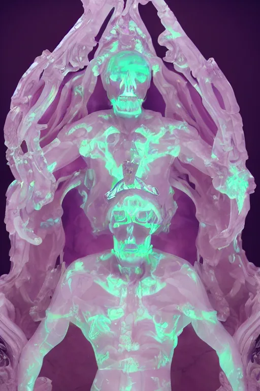 Image similar to photo of fullbody rococo and cyberpunk delicate neon crystalline sculpture of seductive muscular onyx albino marble prince liam payne as an mint iridescent humanoid deity wearing pink plastic hooded cloak holding an onyx skull in a onyx space dungeon, reclining, glowing yellow face, crown of white diamonds, cinematic lighting, photorealistic, octane render 8 k depth of field 3 d