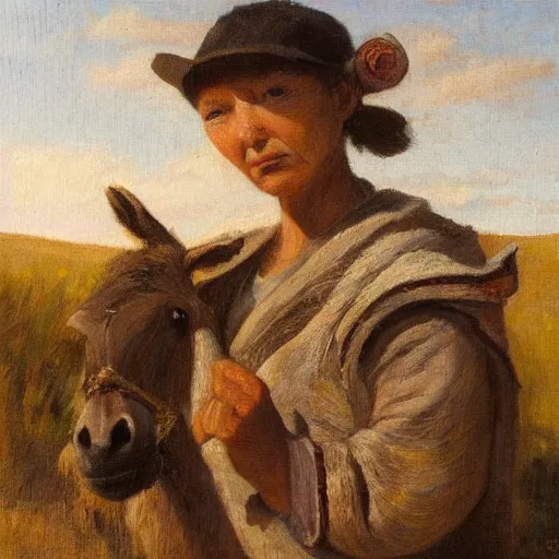 Prompt: woman with donkey in Taos, New Mexico, dried herbs, basket, canteen, Dutch masters, dynamic lighting, exquisite painting, incredible detail