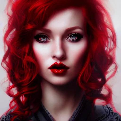 Image similar to a realistic illustration portrait of a beautiful kendrasunderland with curly black and red hair, black eyeliner, trending on artstation, hyper - realistic lighting, intricate, ross tran