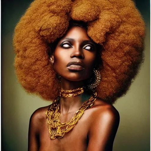 Prompt: afro woman with gold skin photographed by annie leibovitz