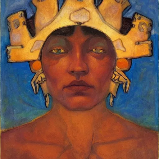 Image similar to the bone crown, by Annie Swynnerton and Nicholas Roerich and Diego Rivera, blue skin, elaborate costume, geometric ornament, rich color, dramatic cinematic lighting, smooth, sharp focus, extremely detailed