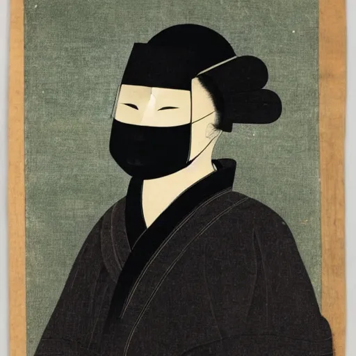 Image similar to young man wearing black medical mask, style of katsushika oi